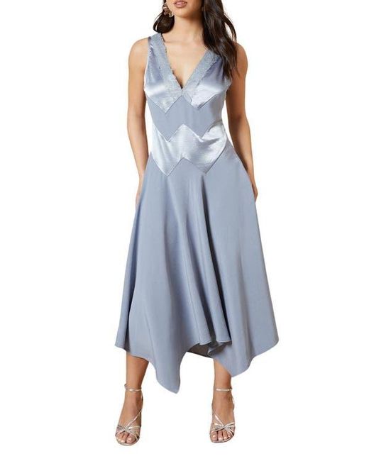 Oasis Blue V-Neck Mesh Asymmetric Midi Dress