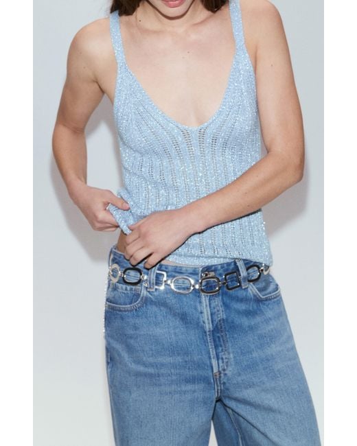 Mango Blue Metallic Openwork Knit Top