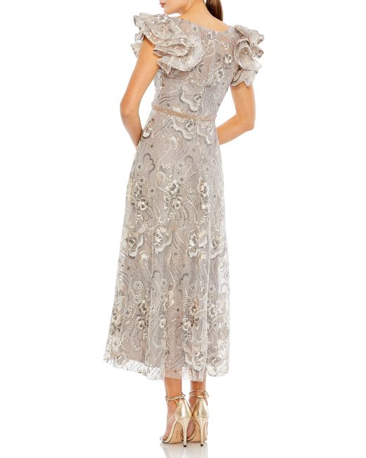 Mac Duggal Natural Beaded Floral Ruffle Sleeve A-line Dress
