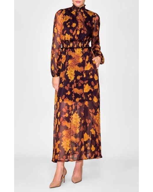 MELLODAY Orange Floral Long Sleeve Chiffon Dress