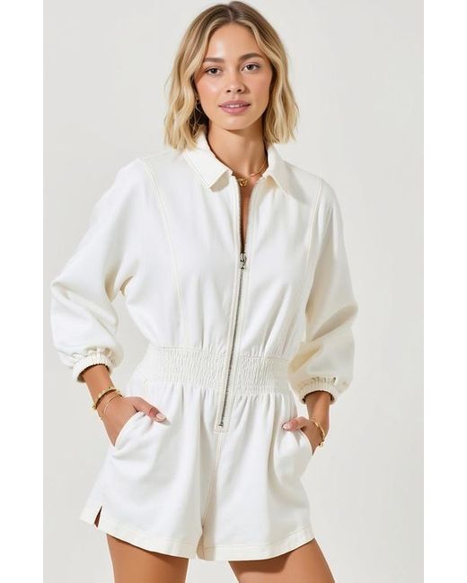 Modenaire White Zip Front Long Sleeve Romper With Elastic Waist And Collar Detail