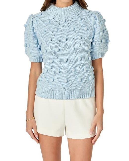 English Factory Blue Pompom Puff Sleeve Sweater