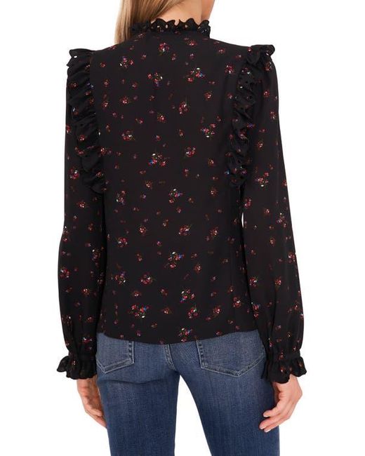 Cece Black Floral Ruffle Split Neck Blouse