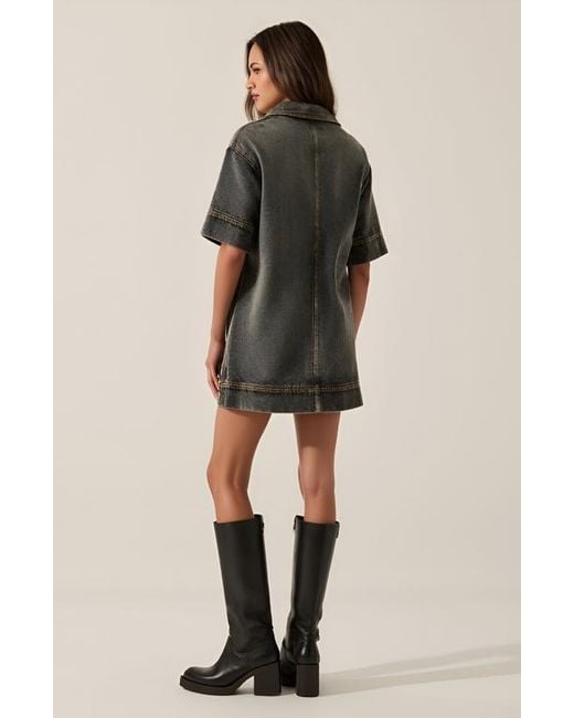Modenaire Natural Solid Denim Mini Shirt Dress With Collared V-Neck, Short Sleeves And Chest Flap Pockets