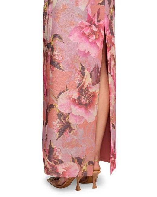 Aidan Mattox Red Print Metallic Jacquard Strapless Gown