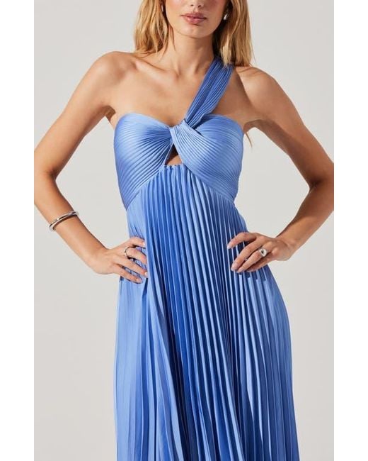 Astr Blue Rasya Pleated One-Shoulder Maxi Dress