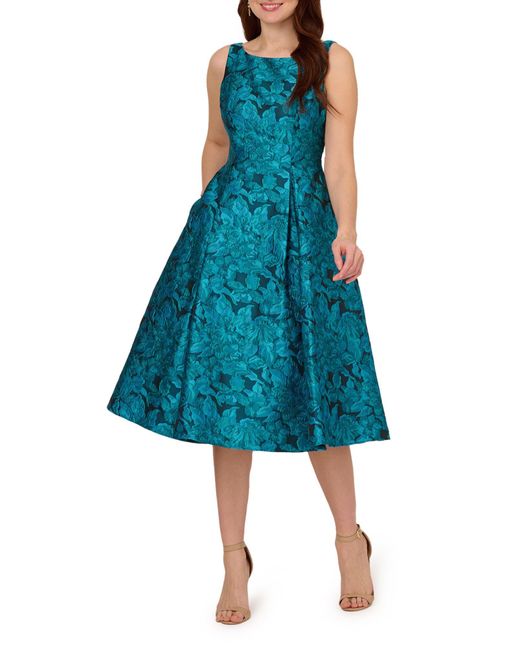 Adrianna Papell Blue Floral Tapestry Fit & Flare Midi Cocktail Dress