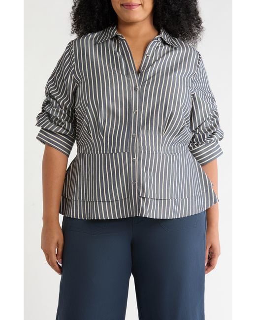 Wit & Wisdom Gray Double Peplum Striped Button-Down Top