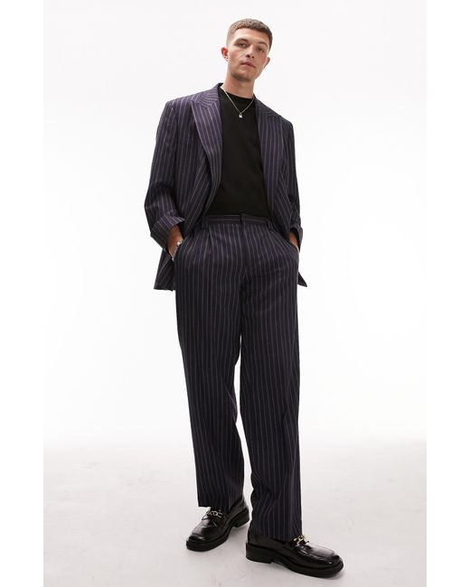 Topman Black Stripe Wide Leg Suit Pants for men