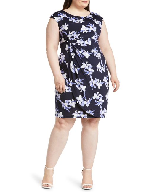 Connected Apparel Floral Faux Wrap Dress in Blue | Lyst