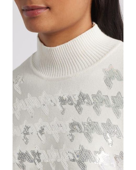 Anne Klein White Sequin Houndstooth Mock Neck Sweater