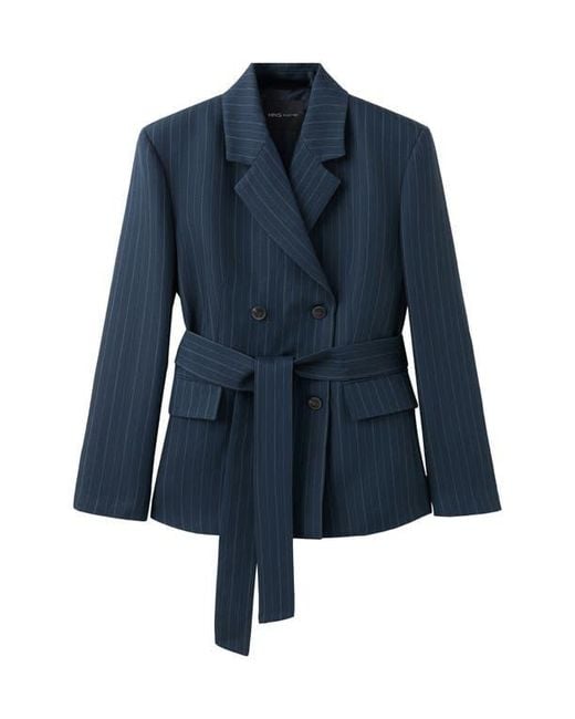 Mango Blue Belted Pinstripe Jacket