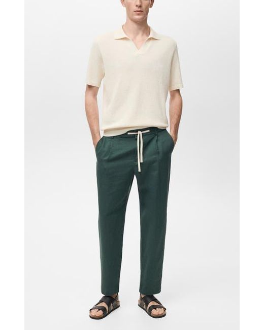 Mango Green Slim Fit Linen & Cotton Drawstring Pants for men