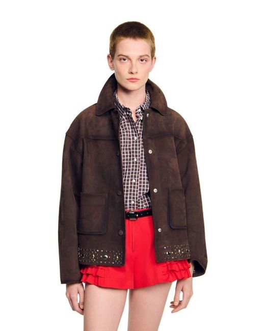 Sandro Red Studded Suede Leather Jacket