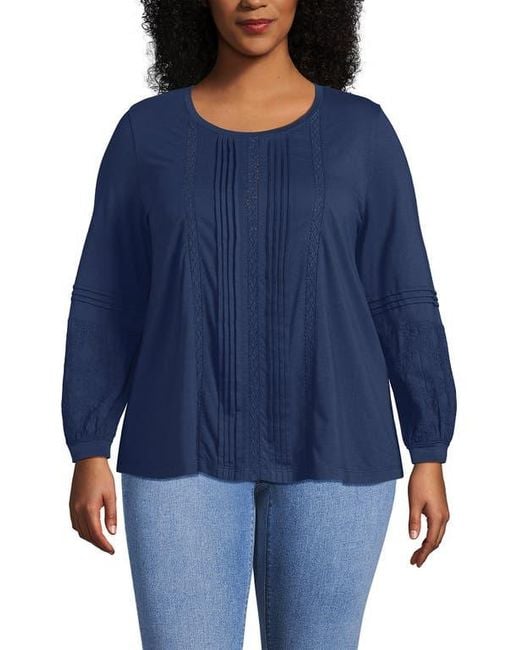 Lands' End Blue Lightweight Jersey Lace Mix Long Sleeve Pintuck Top