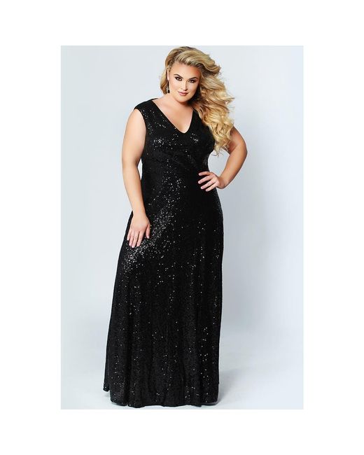 Celebrations by Sydneys Closet Black V-Neck Plus Size Sleeveless Sequin Maxi Dress