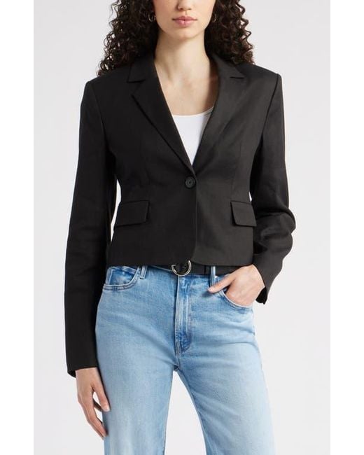 Nordstrom Black Crop One-Button Linen Blend Blazer