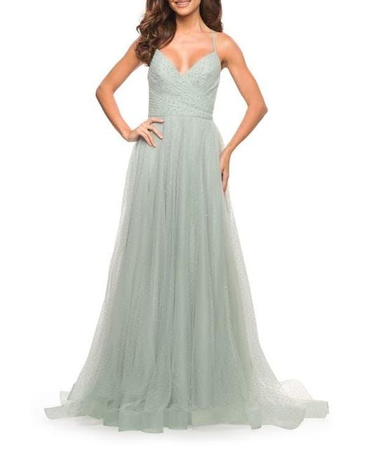 La Femme Green Rhinestone Tulle Ballgown With Slit And Lace Up Back