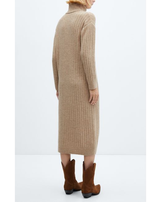Mango Natural Turtleneck Long Sleeve Rib Midi Sweater Dress
