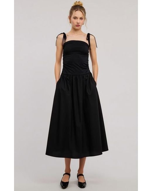 Modenaire Black Ruched Bodice Tie Strap Gathered Skirt Midi Dress