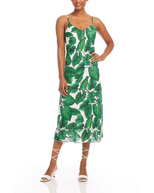 Karen Kane Green Palm Print Bias Cut Linen Midi Dress