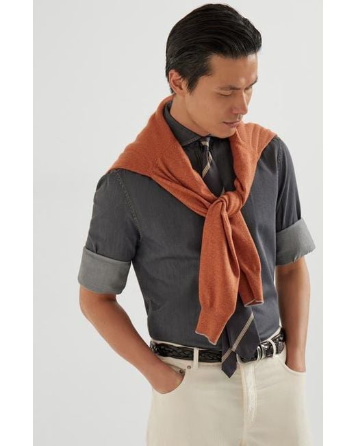 Brunello Cucinelli Gray Spread Collar Shirt for men