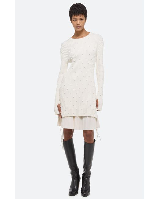 Helmut Lang White Beaded Rib Long Sleeve Organic Cotton Sweater Dress