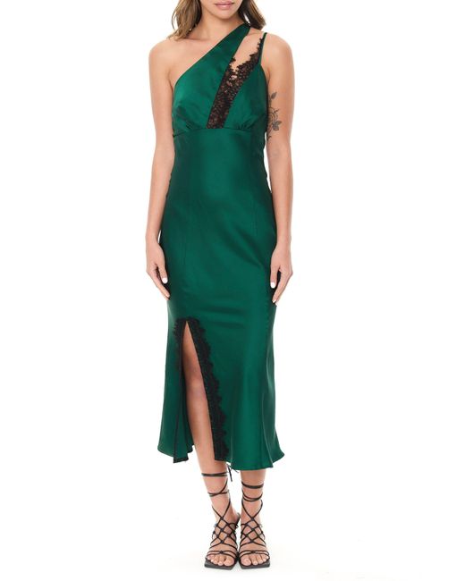 Rare London Green Lace Trim One-shoulder Satin Cocktail Dress
