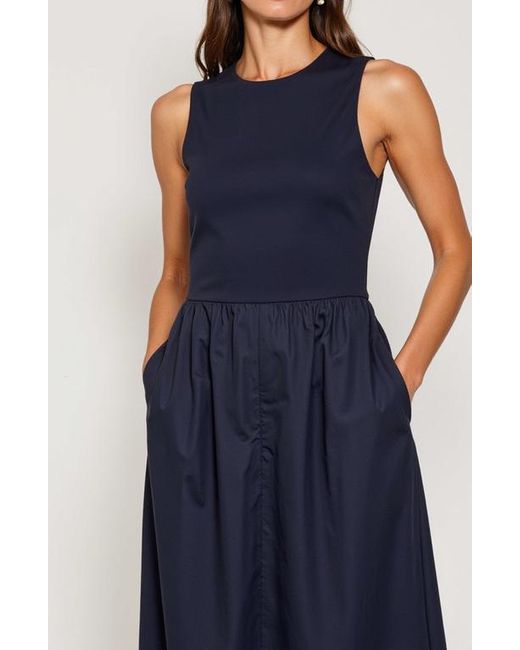 Modenaire Blue Sleeveless Crewneck Midi Dress With Gathered Waist And Pockets