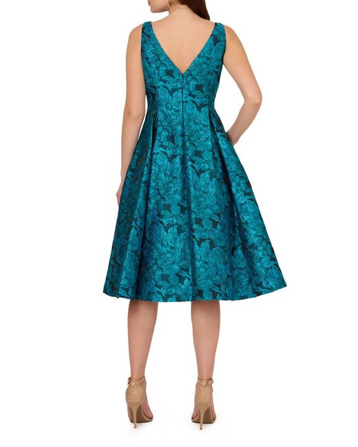 Adrianna Papell Blue Floral Tapestry Fit & Flare Midi Cocktail Dress