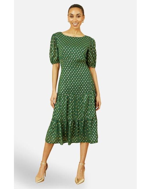 Yumi' Green Foil Spot Midi Dress With Scoop Back
