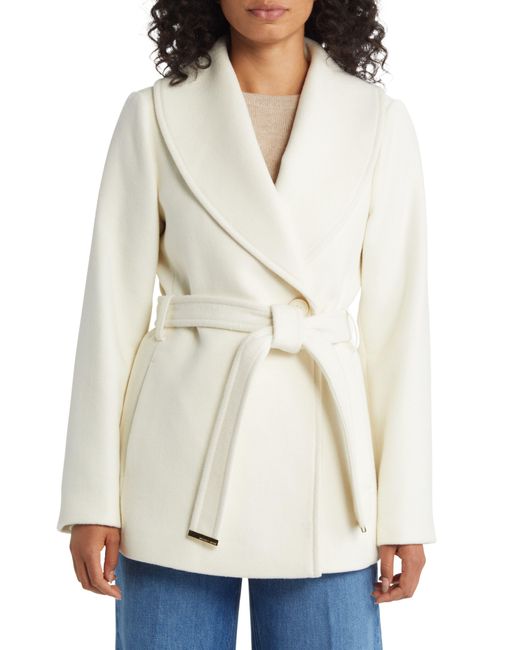 MICHAEL Michael Kors White Belted Wool Blend Shawl Collar Coat