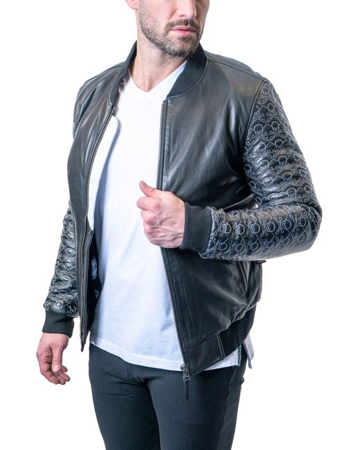 Maceoo Gray Skull Sleeve Leather Jacket for men