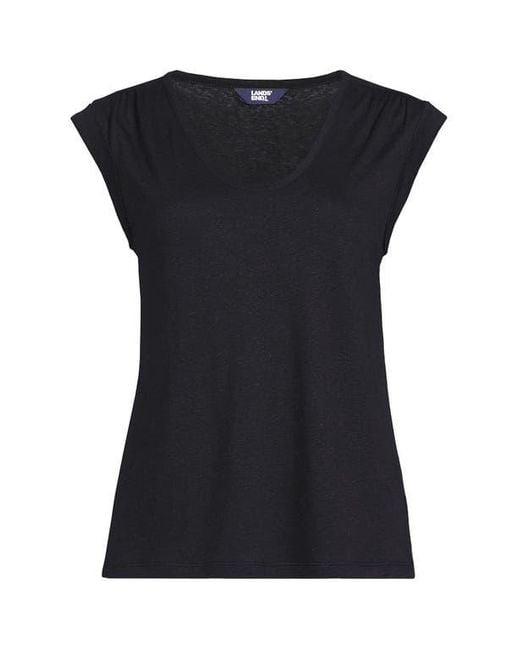 Lands' End Black Linen Blend Cap Sleeve Gathered Shoulder Tee
