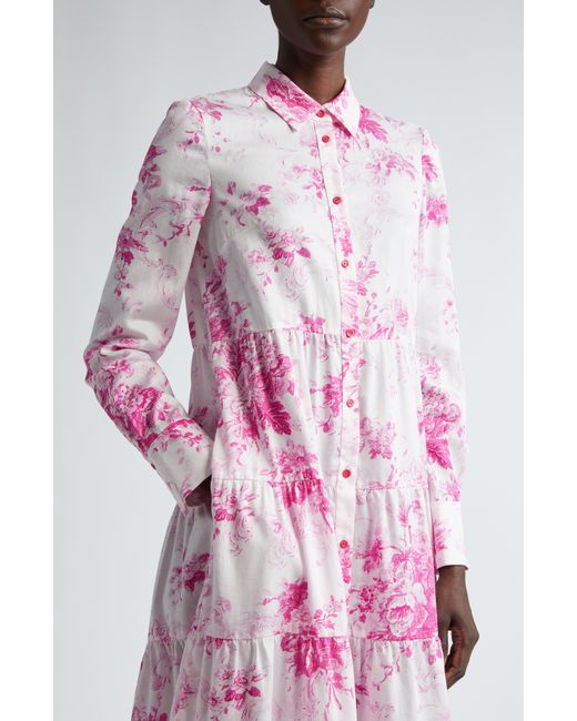 Erdem Pink Floral Print Long Sleeve Tiered Shirtdress