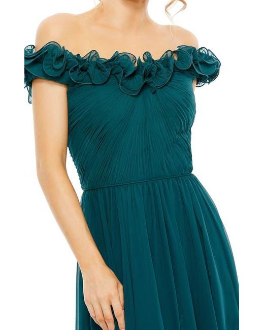 Mac Duggal Blue Ruched Off The Shoulder A Line Gown