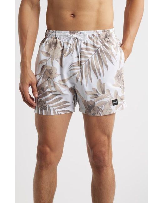 Boss White Piranha Floral Swim Trunks for men