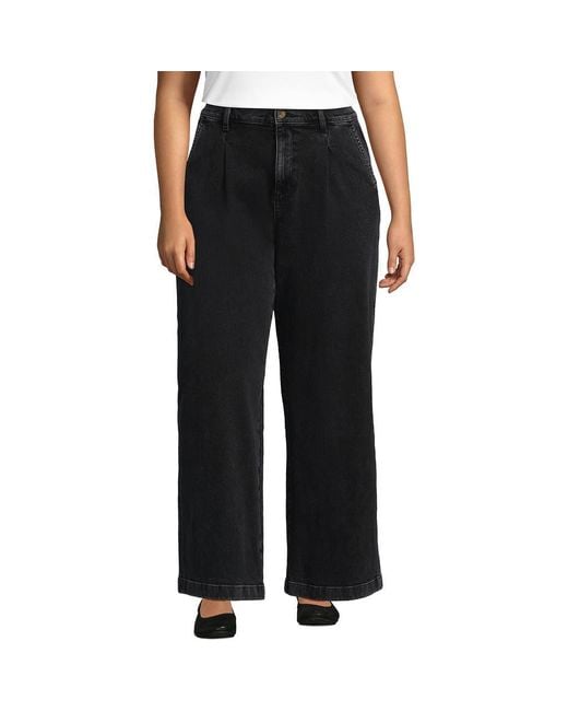 Lands' End Black High Rise Soft Denim Pleated Wide Leg Trousers