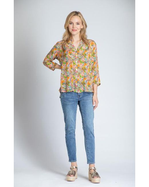Apny White Print Mandarin Collar Chiffon Button-Up Top