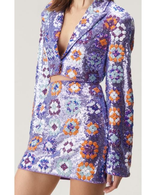 Nasty Gal Blue '70s Floral Sequin Crop Blazer