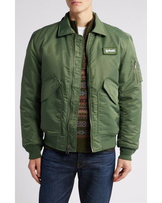 Schott Nyc Green Water Resistant Satin Flight Jacket for men