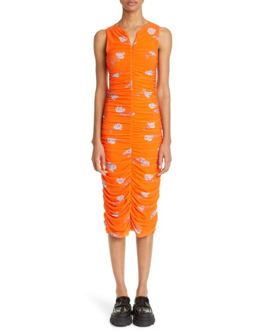Ganni Floral Ruched Mesh Midi Dress in Orange Lyst
