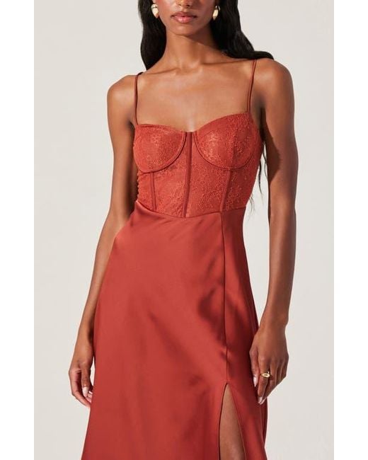 Astr Lace Bustier Sleeveless Midi Dress in Red Lyst