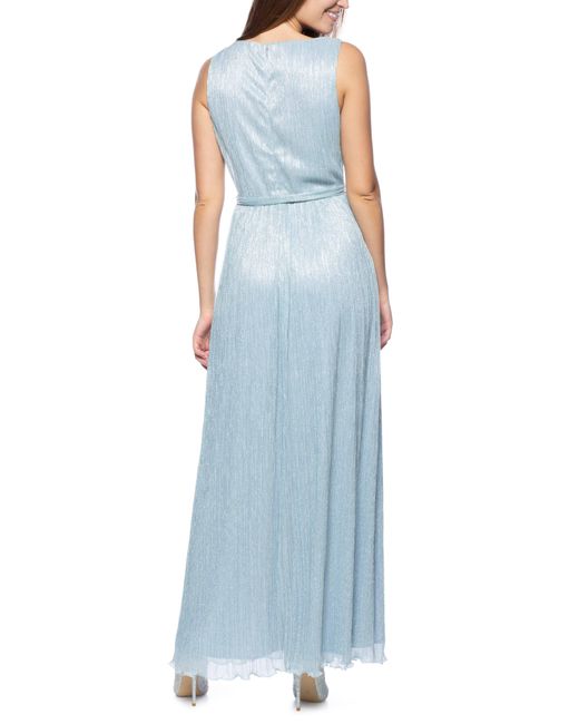 Marina Blue Metallic Pleated Tie Waist Sleeveless Gown