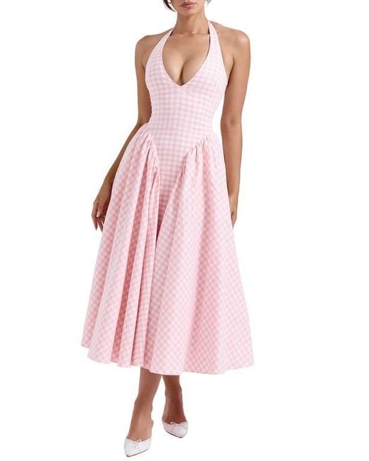 House Of Cb Pink Marilyn Gingham Halter Midi Sundress
