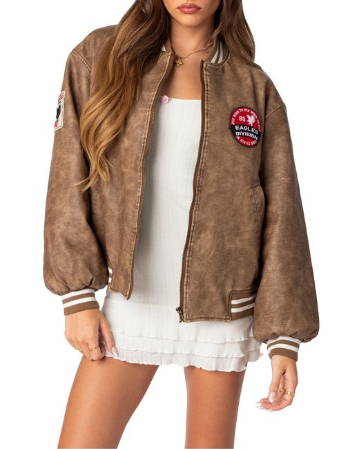 Edikted Washed Faux Leather Bomber Jacket in Brown