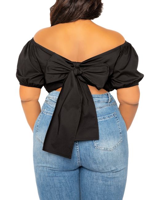 Buxom Couture Black Off The Shoulder Bow Back Crop Top