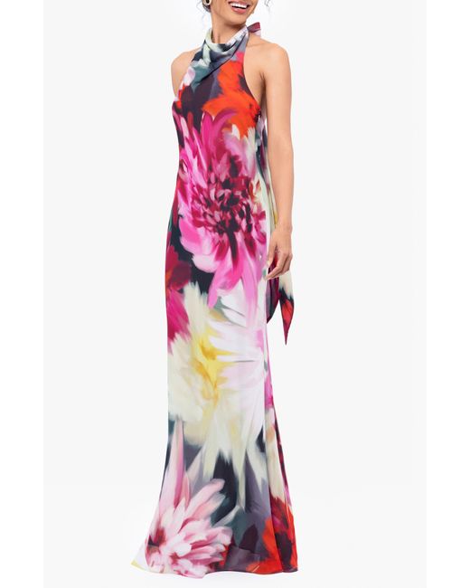 Betsy & Adam Red Floral Halter Gown