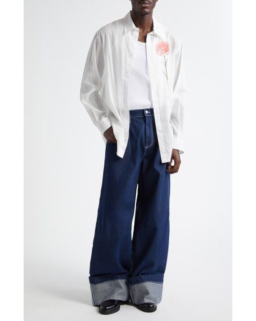 Simone Rocha White Carnation Print Easy Cotton Voile Button-Up Shirt for men