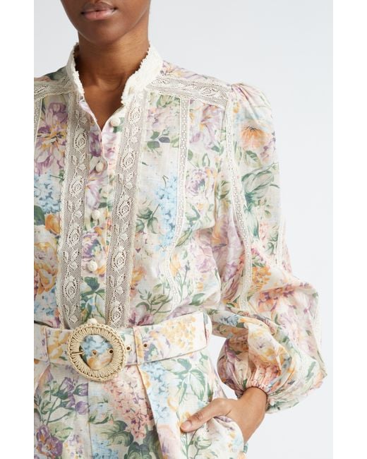 Zimmermann White Halliday Floral Lace Trim Balloon Sleeve Cotton Button-up Shirt